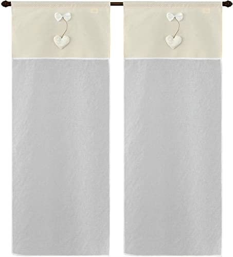 Par de cortinas de panel con trabilla única Art Newark tejido efecto lino de poliéster con aplicación lazo con corazón y cuerda ideal para todo tipo de ventanas, tamaño 60 x 240 cm dis heart beige
