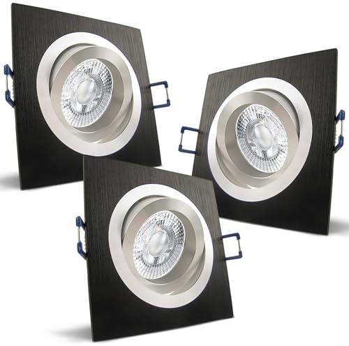 trendlights24 Noble LED Einbaustrahler flach Alu Schwarz 230V 3er Set 5W | ultra flach, Einbautiefe 35 mm, LED Spots, Warmweiß, 3000k, 50° Abstrahlwinkel, Decken Einbauleuchte, eckig, schwenkbar