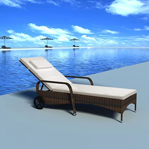 MOONAIRY Sonnenliege mit Polster & Rollen, Sonnenliege Balkon, Gartenliege, Strandliege, Relaxliege Garten, Saunaliege, Liegestuhl, Deckchair, Poly Rattan Braun