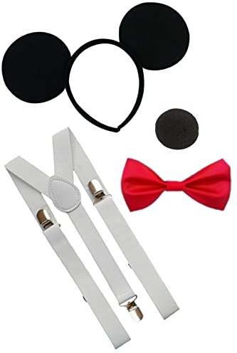 Mega_Jumble Mickey Mouse Men's Fancy Dress- Headband with Ears, Nose, Red Bow Tie & White Braces | Mickey & Minnie Mouse Set Hen Night Stag Do Nightout Fun Theme Party Outfit Accessories