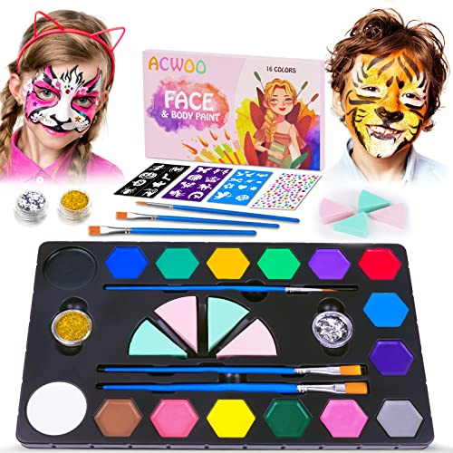 ACWOO Ansiktsfärger för barn, 16 färger Professionell ansiktsmålningspalettsats med 1 ädelstensark, 2 glitter, 3 schabloner, 3 penslar, 4 svampar, vattenbaserad ansiktsfärg för Halloween, fest, cosplay