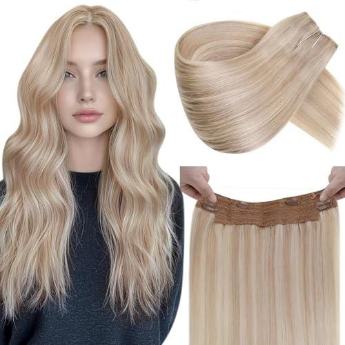 LaaVoo Wire Extensions Echthaar Blond Highlight Extensions Echthaar mit Draht Aschblond mit Hellblond Invisible Secret Wire Extensions Remy Menschliches Haar 80 Gramm #p18/613 35cm