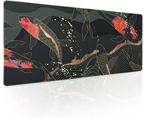 Black Red Japanese Gaming Mouse Pad XL Koi Fish Art Gold Texture Anime Extended Big Large Desk Mat Non-Slip Rubber Base Stitched Edge Long Keyboard Mousepad for PC Computer Laptop,31.5×11.8 Inches