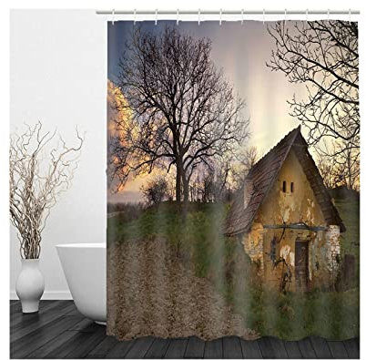 Whoiy Duschvorhang 120X180 Wald, Duschvorhang Eckbadewanne Polyester Shower Curtains Waldhütte Braun Grün für Outdoor Hotel