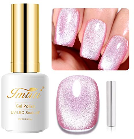Imtiti Hot Pink Gel Nail Polish, 0.5 fl oz Holographic 9D Cat Eyes Glitter Magnetic Gel Polish with Magnetic Stick for Nail Salon