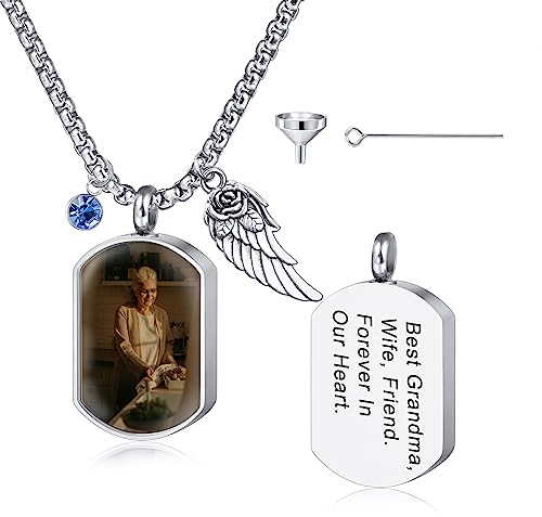MeMeDIY Personalisierte Engelsflügel Anhänger Urne Halskette Gravur Foto/Name für Männer Frauen mit Geburtsstein Edelstahl Asche Halter Memorial Andenken Einäscherung Trichter Kit (Silber Farbe)