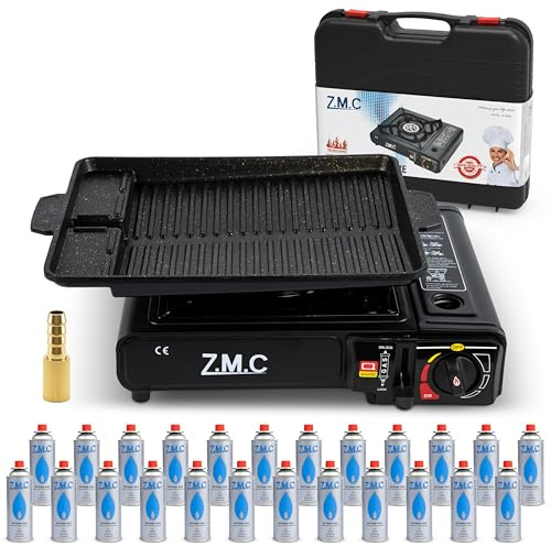 Z.M.C Hornillo de gas con 1 foco, incluye adaptador para LPG + maletín de almacenamiento + plancha de 33 x 26 x 4 cm + 24 cartuchos de gas de 227 g, hornillo de camping para exteriores e interiores,