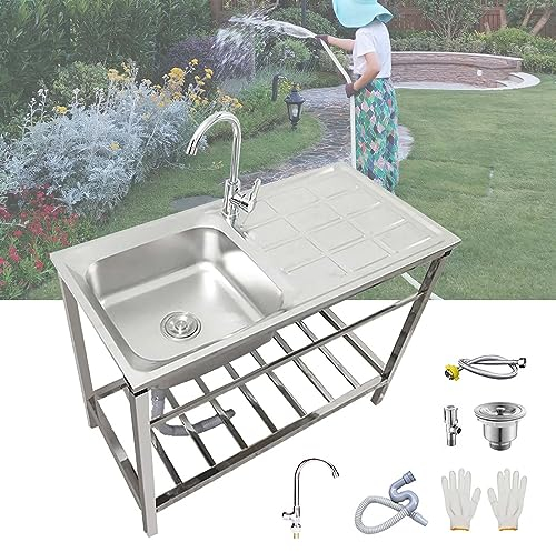 Freistehende Edelstahl-Waschbecken Mit Wasserhahn, Für Waschküche, Garten, Garage, Spülbecken Küchenspüle, Outdoor Spüle Mit Werkbank Und Lagerregalen, Einfach Zu Montieren ( Size : 83x50xH75cm )
