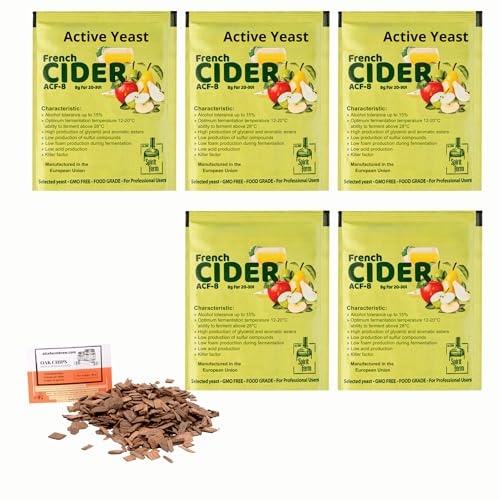 5 x Französische Apfelweinhefe 8g/25L + Französische Eichenchips 20g - Hefe zur Apfelweingärung, Hefe für Apfel und Birne, Weinhefe, Cider Hefe