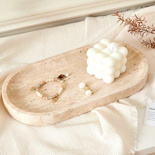 Denique Vassoio da bagno in marmo di lusso, vassoio decorativo ovale da 30,5 cm, organizer da bancone da bagno, organizer da banco per profumi e candele, portagioie per bancone del bagno, toeletta