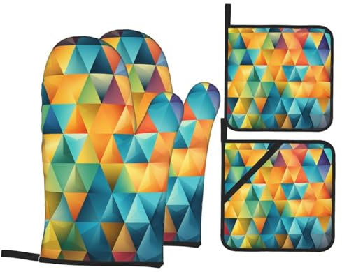 Set di 4 guanti da forno e presine da cucina, colorati, triangolari, resistenti al calore, guanti da cucina antiscivolo, presine lavabili per cottura e barbecue