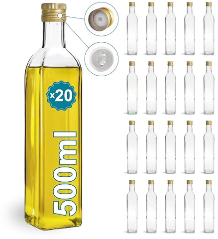 Espirito Rebelde 20 Bouteilles en Verre 500ml avec Bouchon a Vis Doré avec Bec Verseur | Huile d'Olive, Vinaigre, Alcool | Huilier en Verre