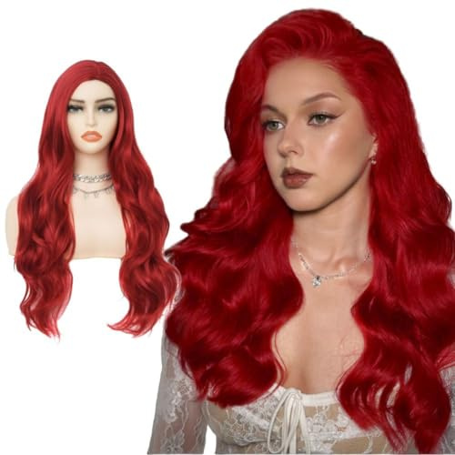 Salaibs Rote Lang Wellen Perücken für Damen Lockig Seitenteil Natürliche Synthetische Halloween Perücke für Cosplay Kostüm Haar Perücke