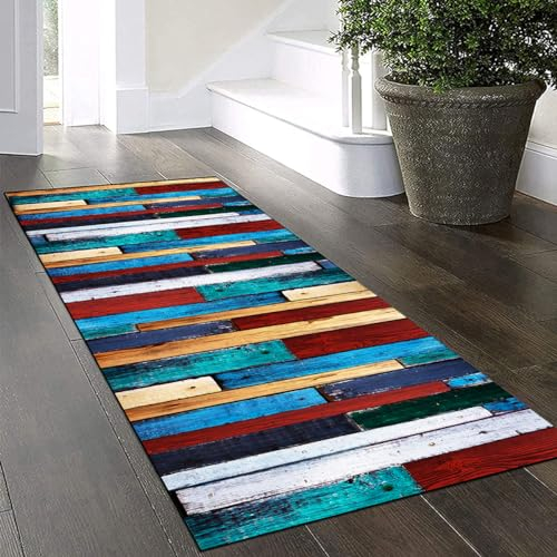 Yinghesheng Läufer Flur Küche Waschbar rutschfest 80x150cm Bunter Holzmaserung Patchwork Lang Küchenteppich Flurteppich Teppich Fur Korridor Wohnzimmer Schlafzimmer Meterware Anpassbar