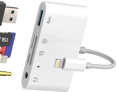 Adaptateur Lightning vers USB Micro SD Jack 3,5 mm Chargeur Lecteur de Cartes SD (5-en-1) pour Apple pour iPhone 14 13 12 11 Pro Max pour iPad Cartes SD Écouteurs OTG Câble Compact Flash Accessoires