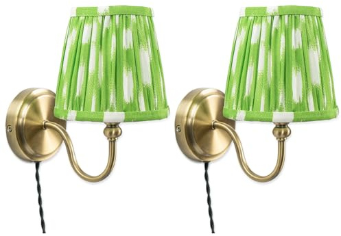 ValueLights | Plug in Antique Brass Wall Lights with Green Pleated Fabric Tapered Lampshade | Wall Lamps & Sconces, Home Décor & Improvement Essential | Pair of 2
