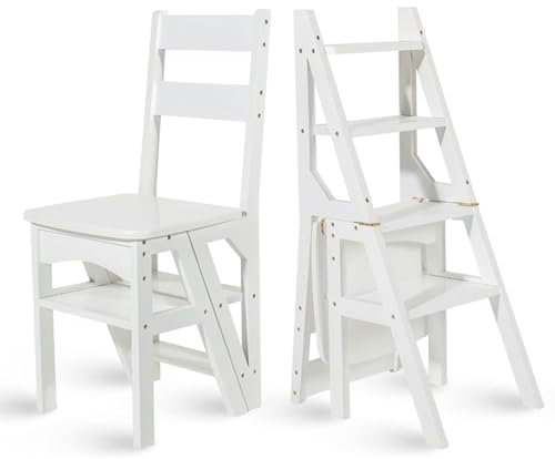 Sgabello con gradini in legno Combinazione di scaletta e sedia pieghevole, libreria multifunzione Salita con 4 scalette Sedie con scaletta portatili per cucina domestica o ufficio - Bianco o nero (Co
