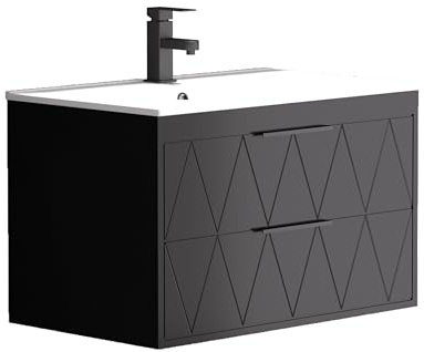 UEV Waschtisch mit Unterschrank, Waschbeckenunterschrank 75cm hängend, mit 2 Schubladen, Soft-Close-System, Waschplatz, Aufsatzwaschbecken, Badmöbel für Gäste WC, Schwarz