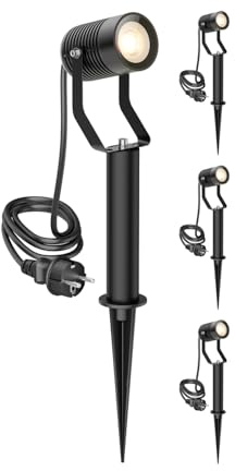 ledscom.de 4 SHINGA trädgårdsstrålkastare med markspett och 15 cm bas för utomhusbruk, IP65, stickpropp, svart, inkl. GU10 LED-lampa 1103lm, varmvit