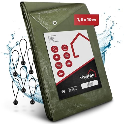 siwitec Bâche 140 g/m² avec 6 tendeurs de bâche, 1,5 x 10 m, en tissu avec œillets et coins renforcés, bâche de protection imperméable, pour meubles de jardin, bois et bateaux