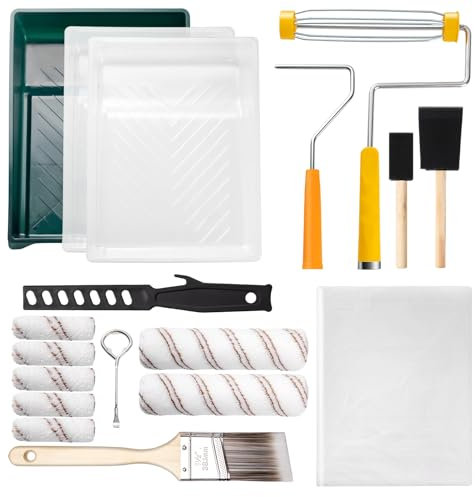 Mister Rui-18pcs Paint Roller Set, 9 4 Paint Roller and Brush Set, Max and Mini Paint Roller Set for Wall Painting and Decorating, Roller Tray, Sponge Brush, Dust Sheet, Can Opener, Stirrer