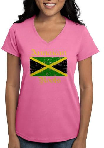 CafePress Jamaican Roots Women's V Neck Dark T Shirt Womens Cotton V-Neck T-Shirt Azalea
