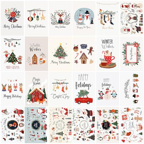 Christmas Cards with Envelopes and Stickers, 24 Assorted Designs Bulk Greeting and New Years Cards, 24 Pack Holiday Cards with Printed Message Inside to Send Warm Holiday Wishes to Friends and Family