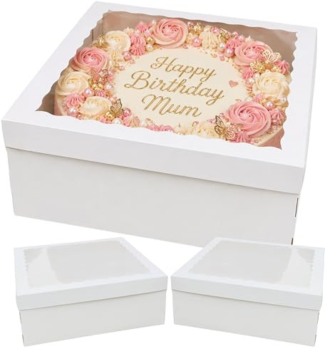 Faves Craft 16 Extra Large Square Cake Box with Window Lid, 40.5 x 40.5 x 15 cm, White, Perfect for Birthdays, Christmas, Weddings