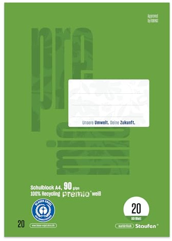 Staufen premio skolblock – 5 häften vardera, 50 ark, DIN A4, linjering 20 (blank), 4-vägs perforering, 90 g/m² återvunnet papper