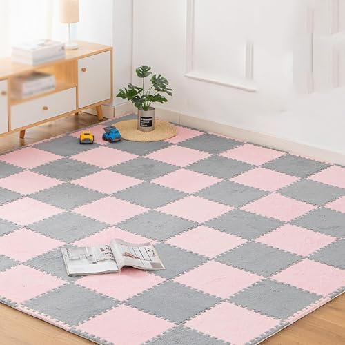 Ineinandergreifender Teppich 10 Stück 12X12 Zoll Schaumstoff-Bodenkissen ineinandergreifende Teppichfliesen, weiche, flauschige Plüsch-Puzzle-Bodenfliesen for Wohnzimmer, Schlafzimmer Dekoration(Pink+