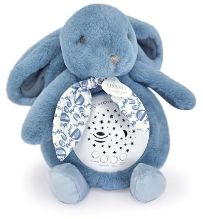 DOUDOU ET COMPAGNIE - Veilleuse Musicale Lapin bleu avec Projection d’Étoiles – Doudou Peluche avec Mélodies et Lumières Apaisantes – Compagnon Nuit Bébé – Idée Cadeau Naissance -DC4201