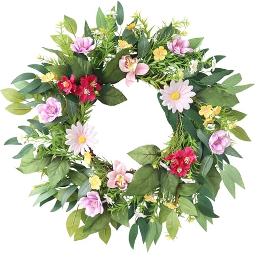Türkranz Frühling, 50CM Frühlingskranz Frühlingsdeko Kranz Deko mit Blumen Bunte Frühlingskranz Haustür Blumenkranz zum Aufhängen Türkranz Haustür Osterkranz Türkranz Ostern für Frühling (G)