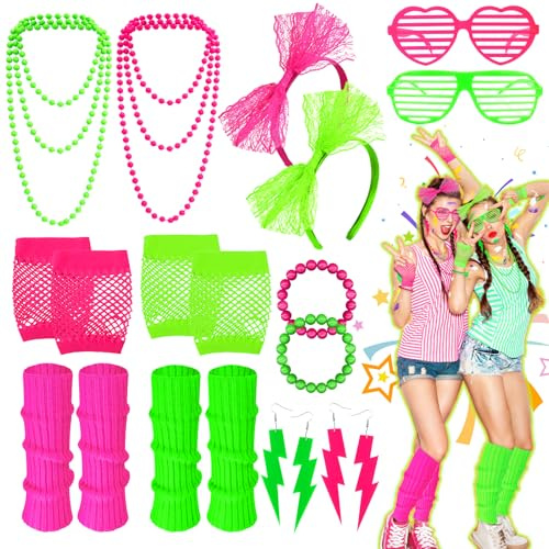 Sekepingo 20pcs 80er Jahre Accessoires für Damen, 80er-Jahre-Outfit-Kostüm für Damen mit Neon-Stirnband Ohrringe Brille Netzhandschuhe Beinstulpen Armbänder Halskette für Karneval Halloween