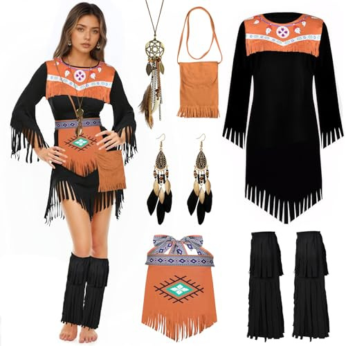 TOYTOPIE Costume Adulti Stile Nativo, Costume da Nativo Americano per Donna, Costume Indiana Donna con Collane, Orecchini, Cinture, Opristivali, Borsa, Ideale per Carnevale o Festa in Maschera (M)