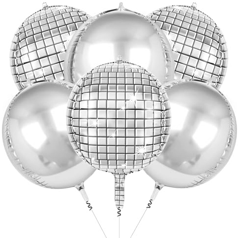 AXFEE Disco Ball Balloons, 6PCS Disco Light Up Balloons, 22Inch 4D Foil Helium Balloon, Birthday balloons for Women & Child, 70s 80s 90s disco Ball Party Festival Decorations(Mirror+Silver)