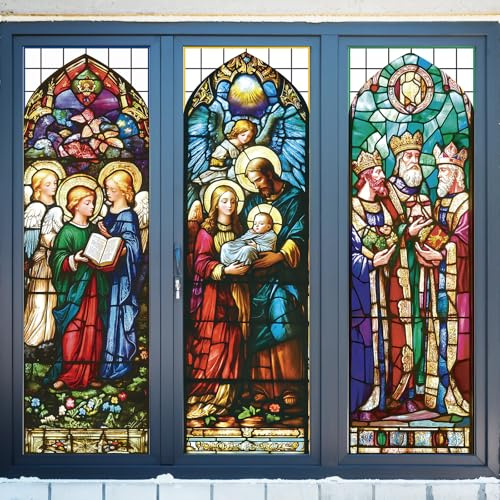 3Pcs Large 35 Inch Christmas Nativity Stained Glass Window Clings Nativity Scene Window Film Stickers Christian Religious Reusable Glass Decals for Xmas Holiday Church Sunday School Home Door Decor