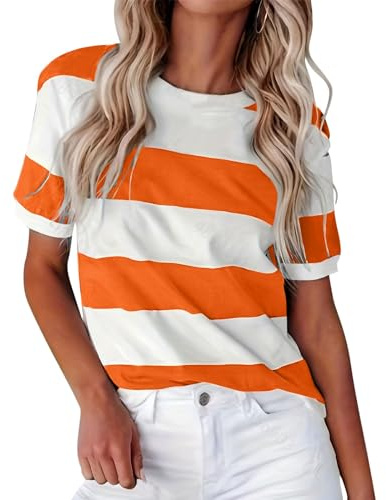 Camisetas de verano para mujer, estilo europeo y fronterizo, con estampado de rayas, cuello redondo, manga corta, informal, para mujer, naranja, L