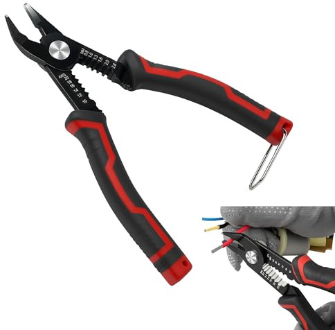 Pince à dénuder et coupe-fil 10–26 AWG, pince électrique multifonction avec ressort et verrou de sécurité, poignées antidérapantes, trous de dénudage précis – pour câblage maison, auto, DIY