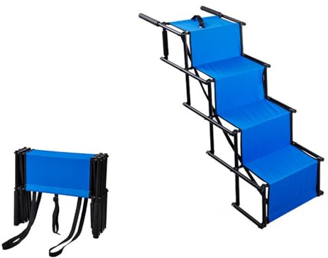 Escalera para Perros,Rampa para Perros Coche,Escalera Perros 4 Peldaños Plegables,hasta 80kg Cargable,para Gatos Perros,Cachorros Perro Viejo,para Todos los vehículos (Azul Real, 101 * 75 * 47cm)