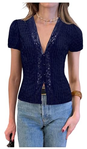 Floerns Women's Lace V Neck Blouses Short Sleeve Dressy Casual Button Down Shirts Dark Blue Medium