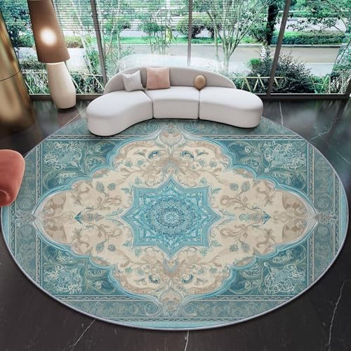 Teppich Rund 120 cm Orientalisch Traditionell Antik Skandinavisch, rutschfest Teppiche Wohnzimmer Runder - Waschbar Rund Teppiche Kurzflor Weich Runder Teppich Türkis for Schlafzimmer Studie