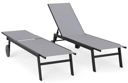 KOMFOTTEU Set di 1/2 Sedie a Sdraio da Giardino con Ruote, Lettino Prendisole Reclinabile con Schienale Regolabile in 6 Posizioni, Lettino da Spiaggia in Tessuto e Metallo, Carico 150 kg (2, Grigio)