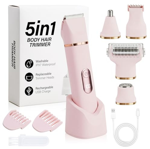 Focenat Afeitadora Mujer, 5 en 1 Maquinilla de Afeitar para Mujer, Rasuradora Mujer zona Intima y Corporal, Recortadora Femenina Intima Impermeable IPX7, Uso Seco/Mojado, para Bikini Corp Cara Nariz