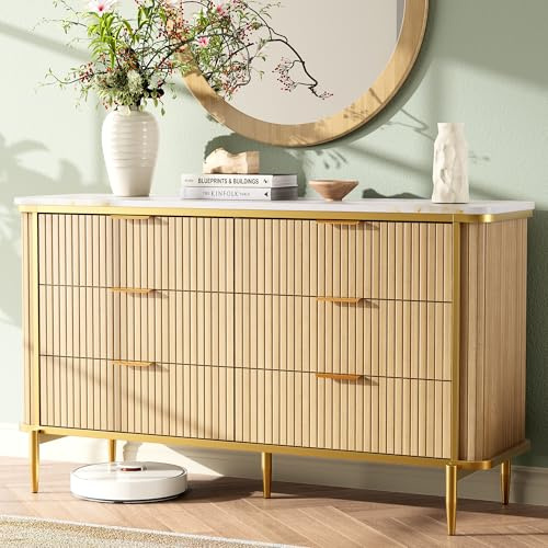 OneBlis Fluted 6 Drawers Dresser for Bedroom, 55 Wide Modern Vertical Chest with Faux Marble Top, Dresser TV Stand, Wood Drawer Organizer for Living Room, Hallway
