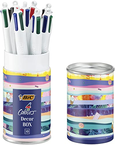 Bic, Bolígrafos Decor, Bic 4 colores caja decorativa, 8 bolígrafos con 4 puntas de 1.0 mm en colores azul, verde, rojo y negro, Crea papelería bonita