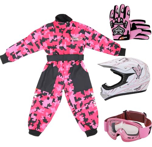 Zorax XL(11-12 Years) Kids CAMO Suit & Gloves L(7cm) & Goggles & ZOR-X18 Butterfly L (53-54cm) Kids Children Motocross Motorbike Helmet Motorcycle Clothing Suit Set ECE2206