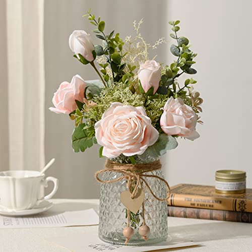 YJ Fiori finti con vaso, bouquet di rose artificiali in seta in vaso, composizioni floreali finte, decorazione per tavolo della fattoria, decorazioni per tavolo del soggiorno, decorazione per tavolino
