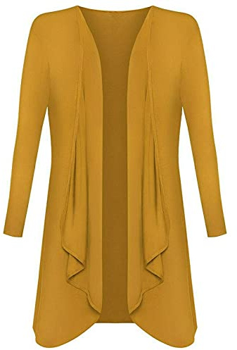 Ladies Hanky Hem Jersey Open Waterfall Boyfriend Women Plus Size Cardigan Top Full Long Sleeve Floaty Duster Jacket Coat Blazer UK (Mustard, 12)
