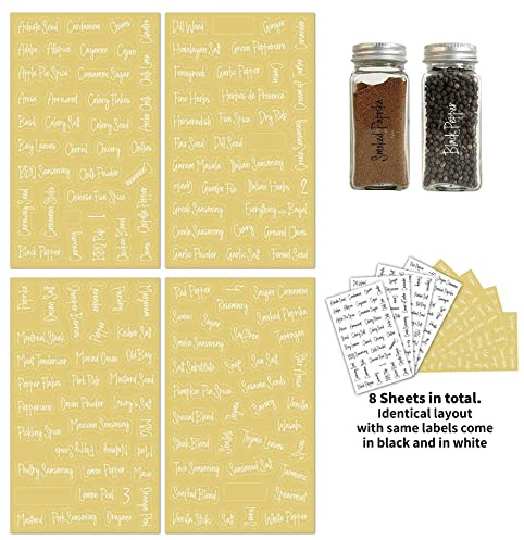 v2croft Cursive Spice Jar Labels,Preprinted-276 Black & White Script Stickers, Water Resistant Seasoning Herb Stickers for Containers, Jar, Organization and Storage