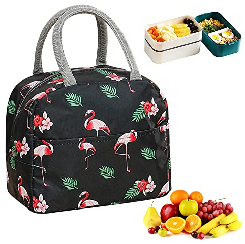 Mecctuck Lunchtasche, Thermotasche, tragbare Kühltasche, wasserdicht, Lunch-Tasche, Picknick-Tasche, leichter Lunch-Organizer (schwarzer Flamingo)